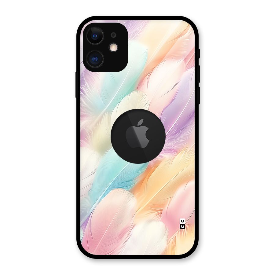 Pastel Feather Glass Back Case for iPhone 11 Logo Cut