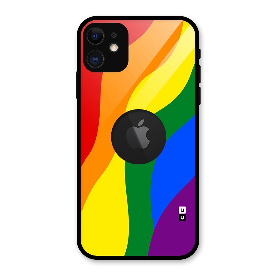Rainbow Slant Curves Glass Back Case for iPhone 11 Logo Cut