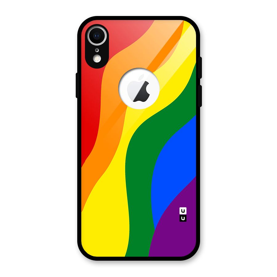 Rainbow Slant Curves Glass Back Case for iPhone XR Logo Cut