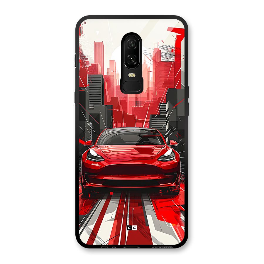 Red And Black Car Glass Back Case for OnePlus 6