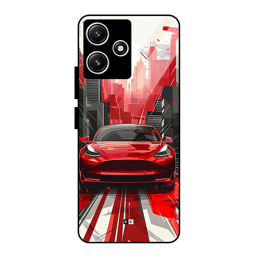Red And Black Car Glass Back Case for Poco M6 Pro