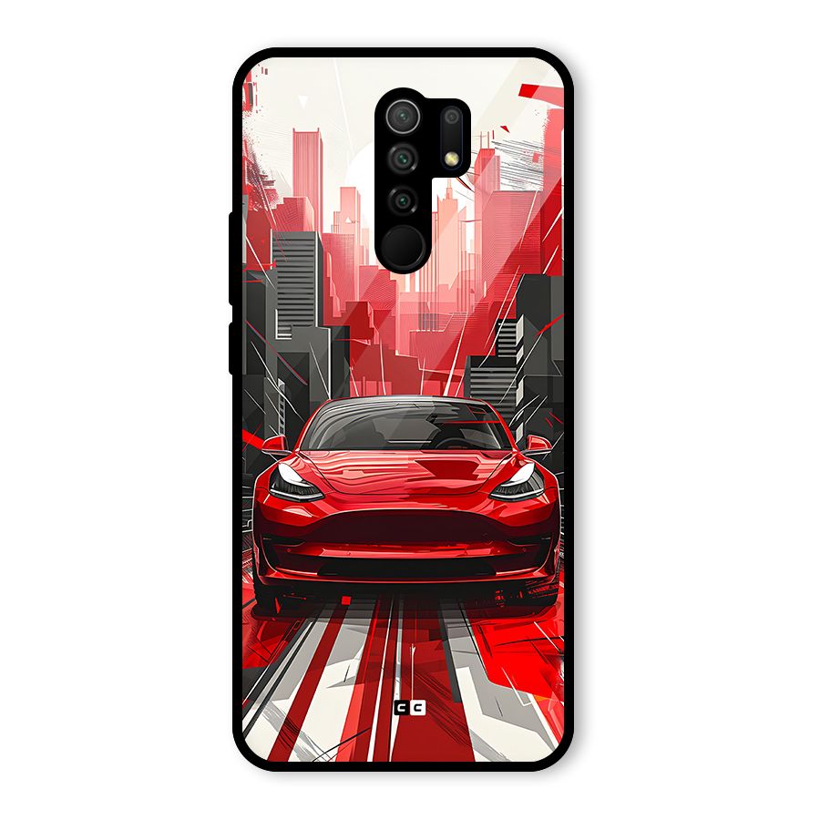 Red And Black Car Glass Back Case for Redmi 9 Prime