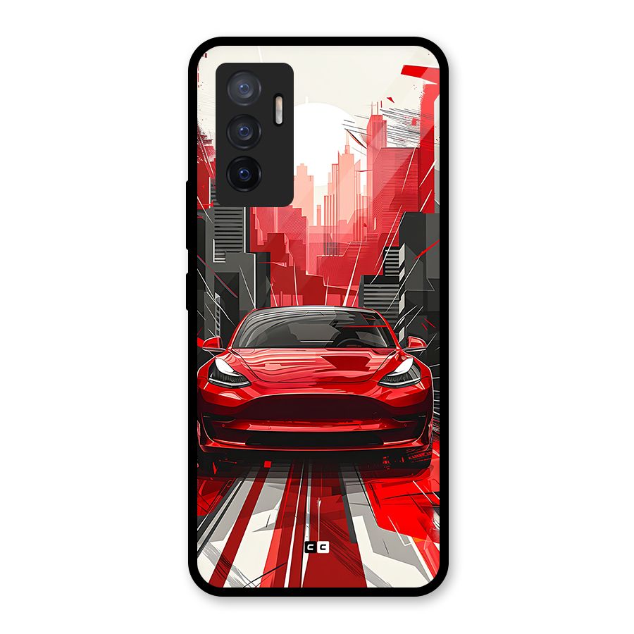 Red And Black Car Glass Back Case for Vivo V23e