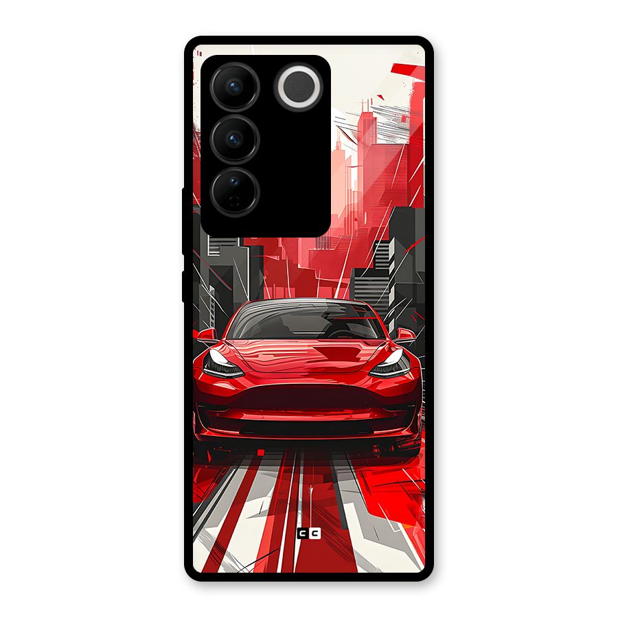 Red And Black Car Glass Back Case for Vivo V27 Pro