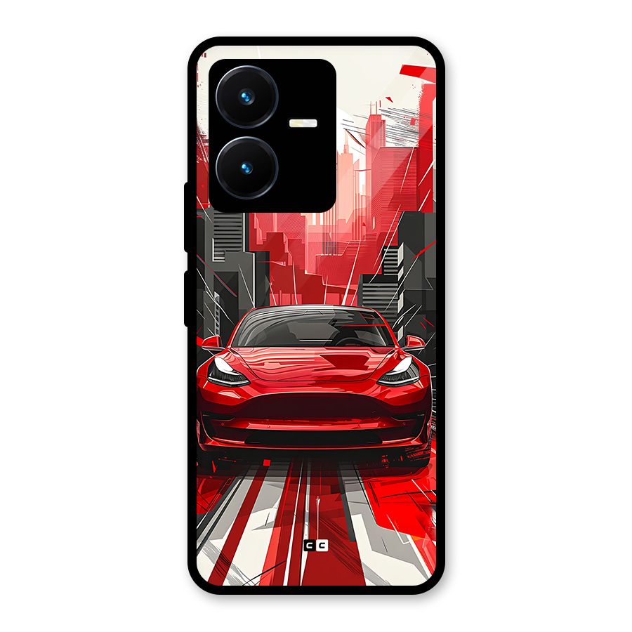Red And Black Car Glass Back Case for Vivo Y22s