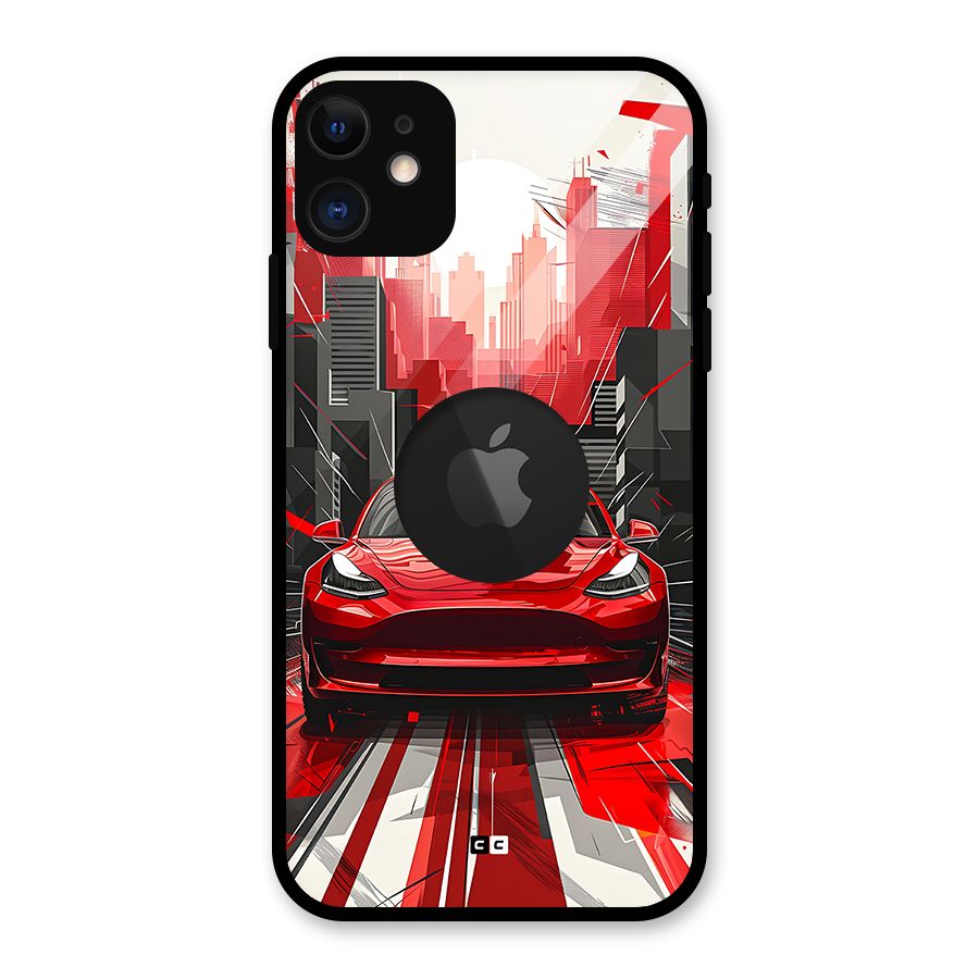 Red And Black Car Glass Back Case for iPhone 11 Logo Cut