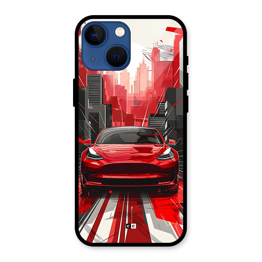 Red And Black Car Glass Back Case for iPhone 13 Mini
