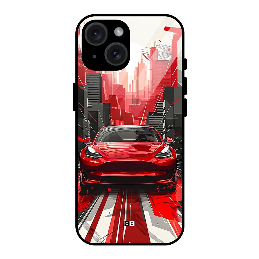 Red And Black Car Glass Back Case for iPhone 15