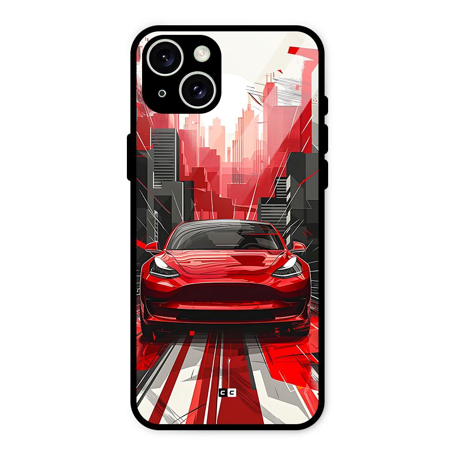 Red And Black Car Glass Back Case for iPhone 15 Plus