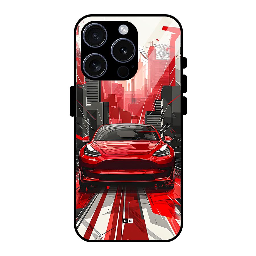 Red And Black Car Glass Back Case for iPhone 15 Pro