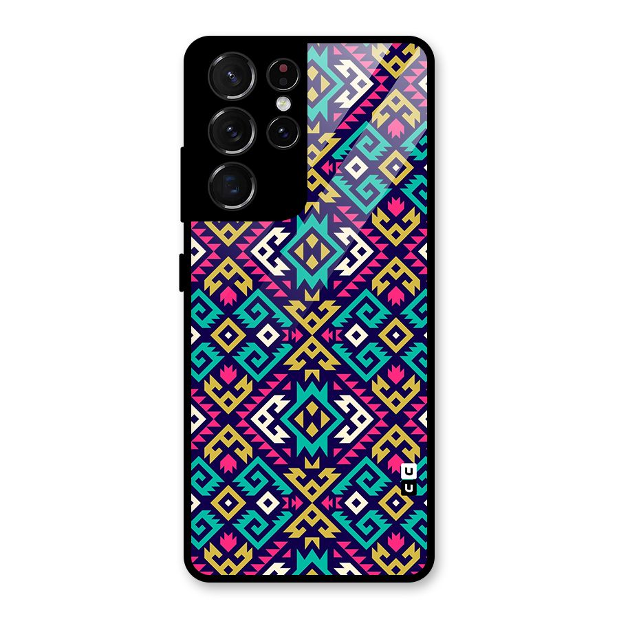 Retro Geometric Pattern Glass Back Case for Galaxy S21 Ultra 5G