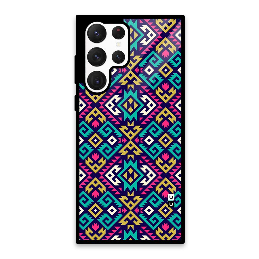 Retro Geometric Pattern Glass Back Case for Galaxy S22 Ultra 5G