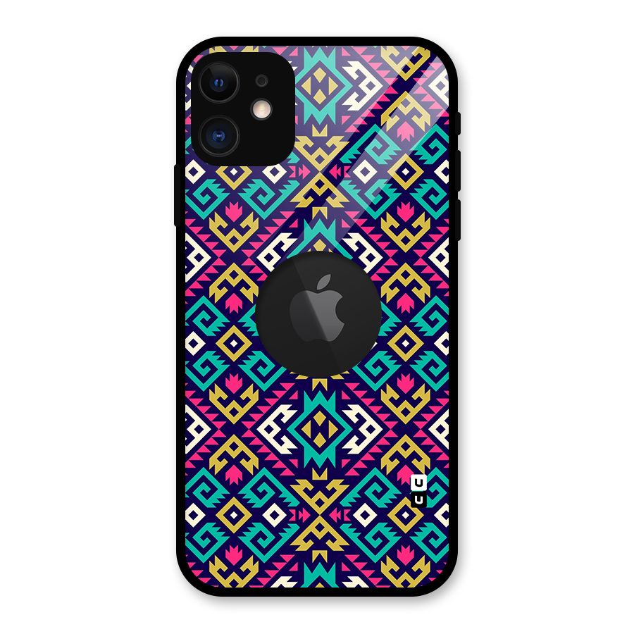 Retro Geometric Pattern Glass Back Case for iPhone 11 Logo Cut