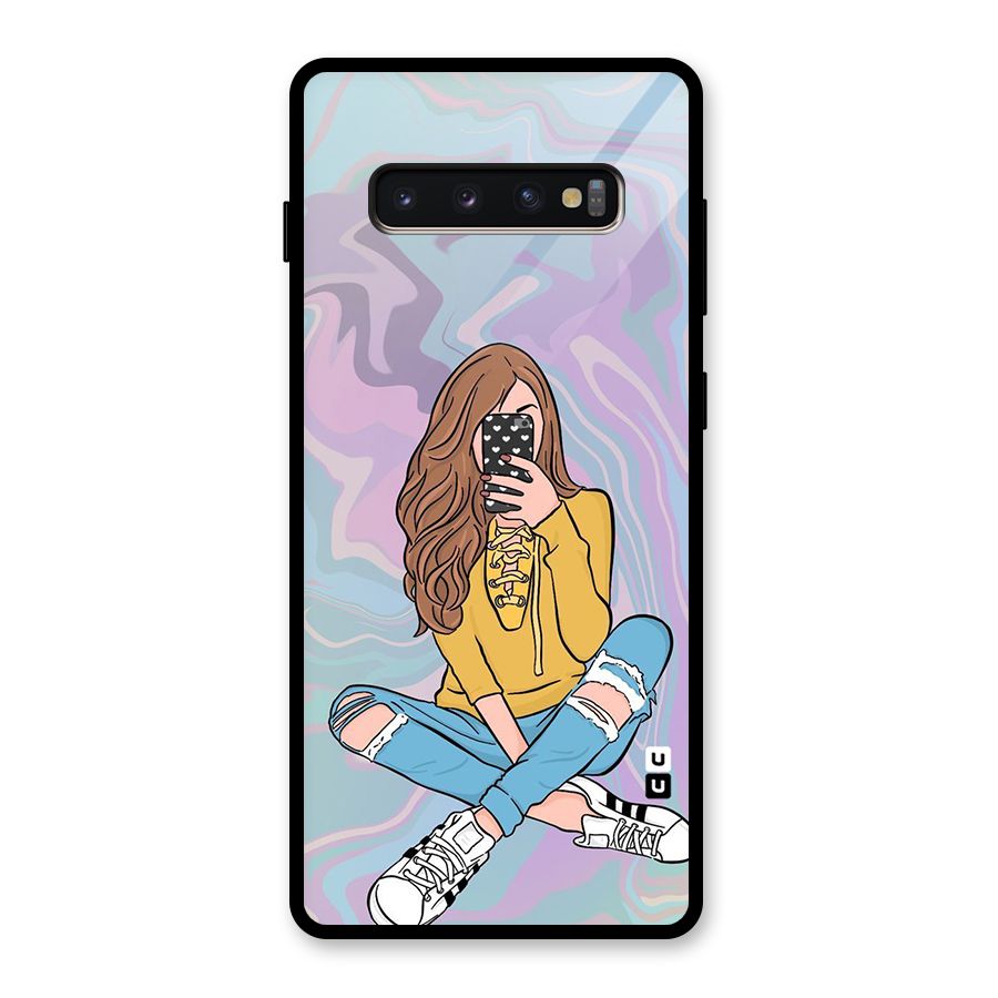 Selfie Girl Illustration Glass Back Case for Galaxy S10 Plus