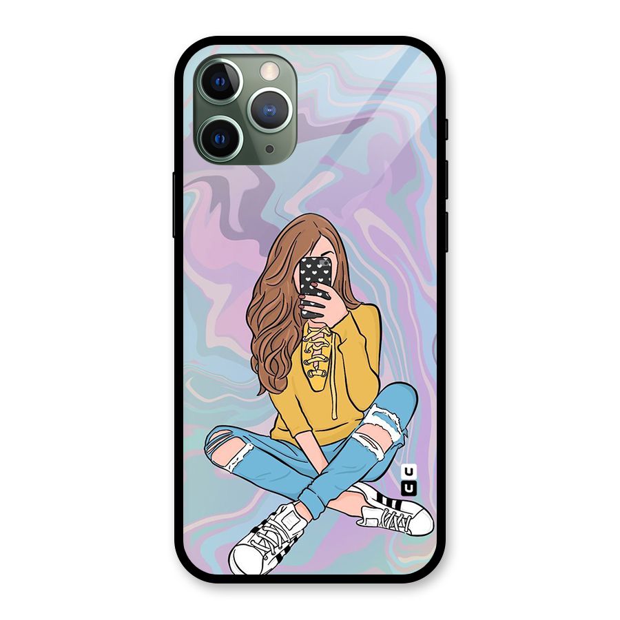 Selfie Girl Illustration Glass Back Case for iPhone 11 Pro
