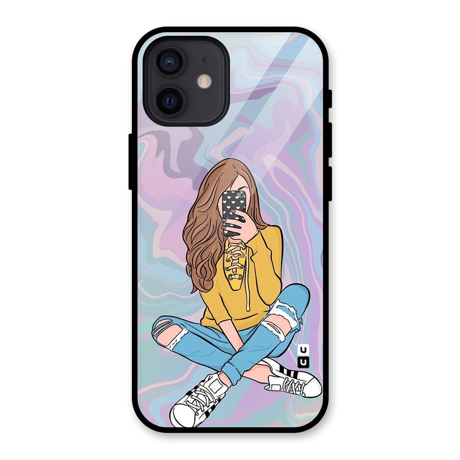 Selfie Girl Illustration Glass Back Case for iPhone 12