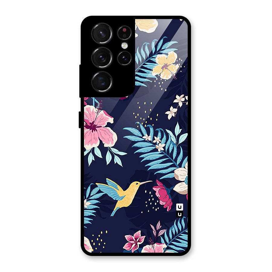 Tropical Flamingo Pattern Glass Back Case for Galaxy S21 Ultra 5G
