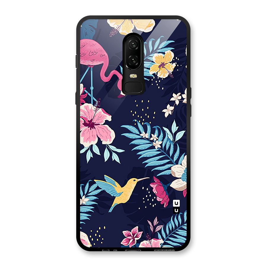 Tropical Flamingo Pattern Glass Back Case for OnePlus 6