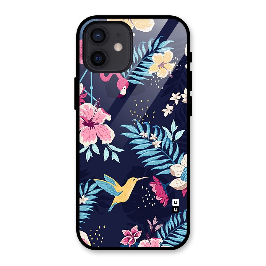 Tropical Flamingo Pattern Glass Back Case for iPhone 12