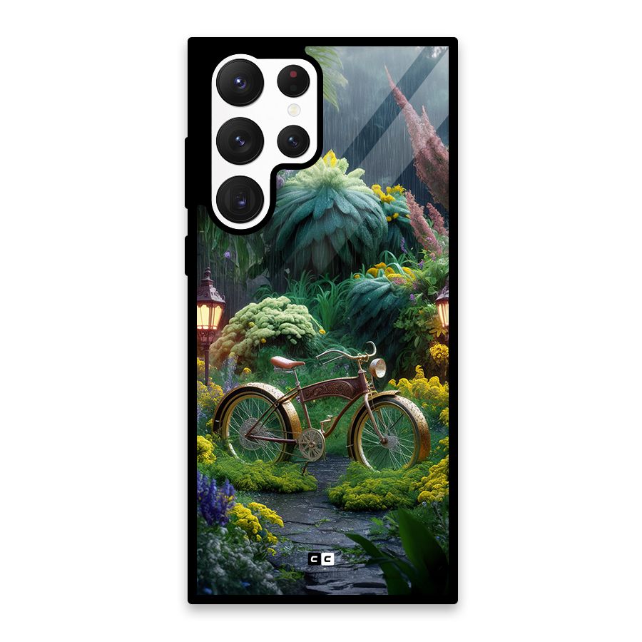 Vintage Cycle In Garden Glass Back Case for Galaxy S22 Ultra 5G