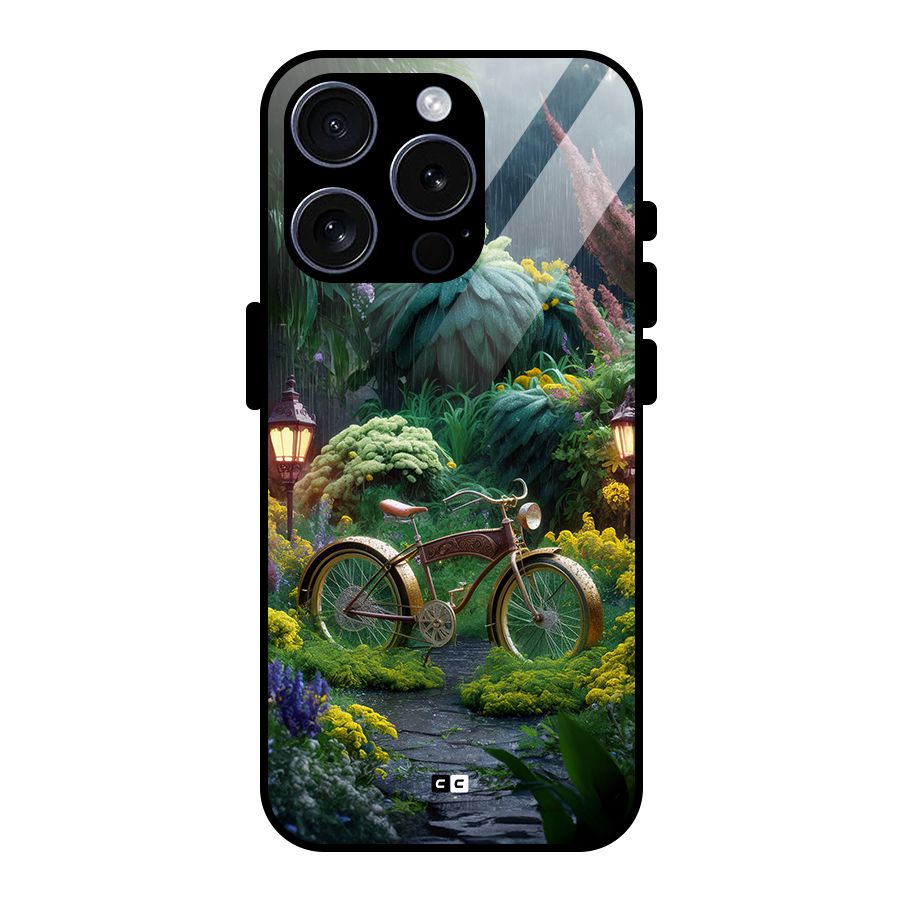 Vintage Cycle In Garden Glass Back Case for iPhone 15 Pro