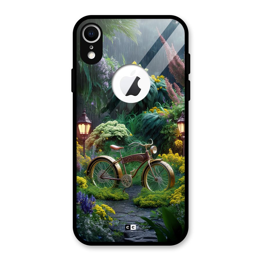 Vintage Cycle In Garden Glass Back Case for iPhone XR Logo Cut