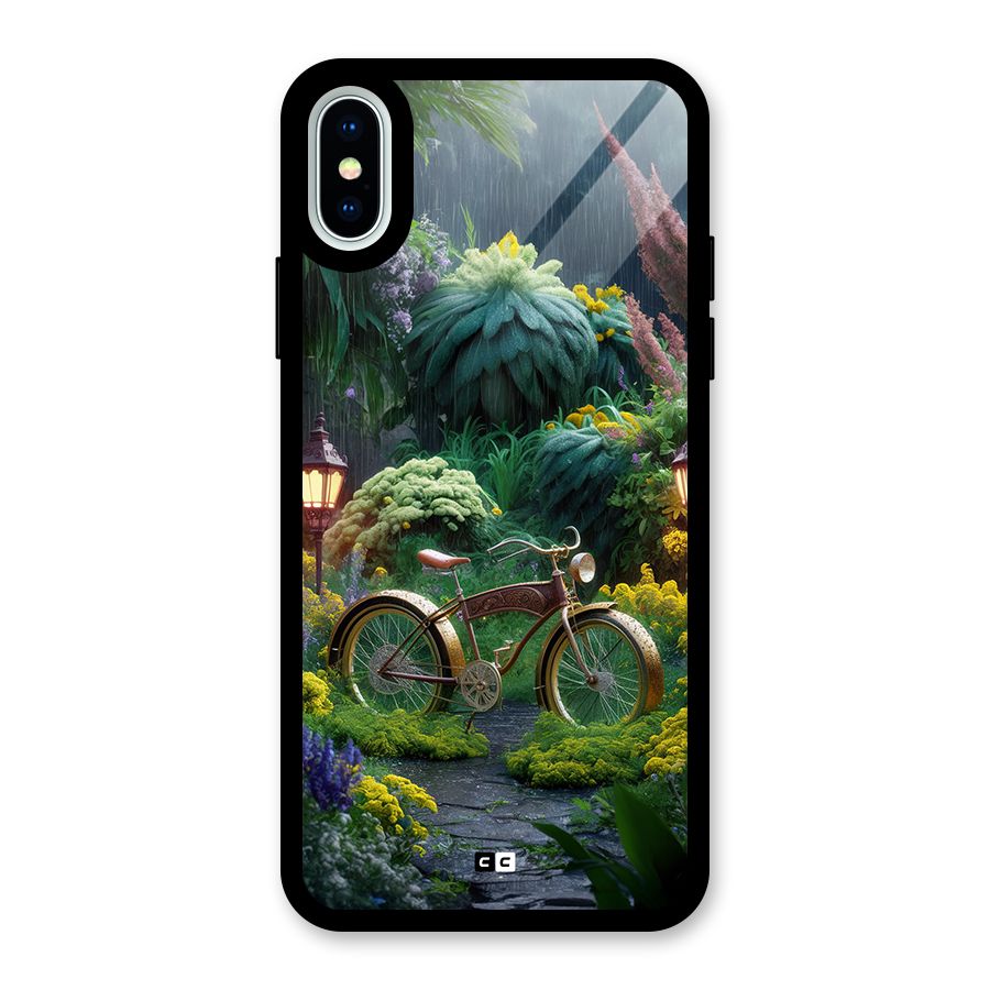 Vintage Cycle In Garden Glass Back Case for iPhone XS