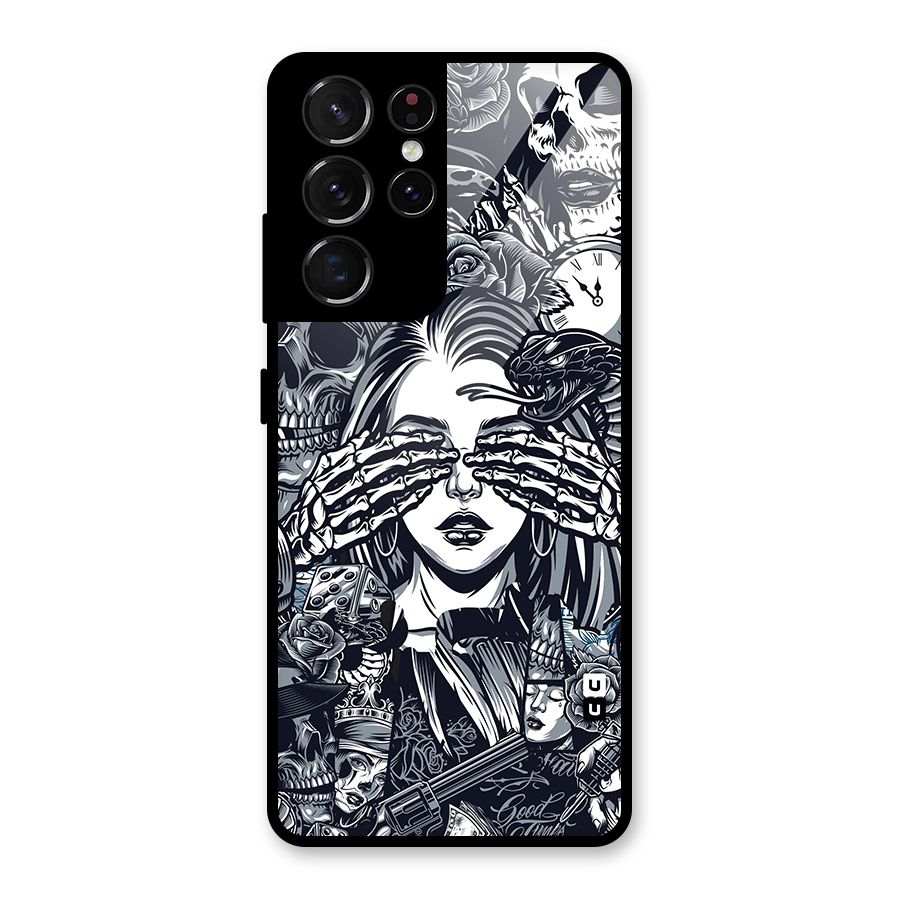 Vintage Skulls and Girl Style Glass Back Case for Galaxy S21 Ultra 5G
