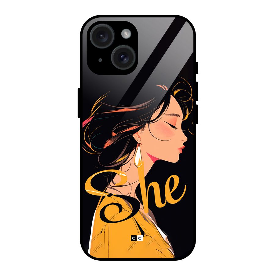 Yellow Lady Glass Back Case for iPhone 15