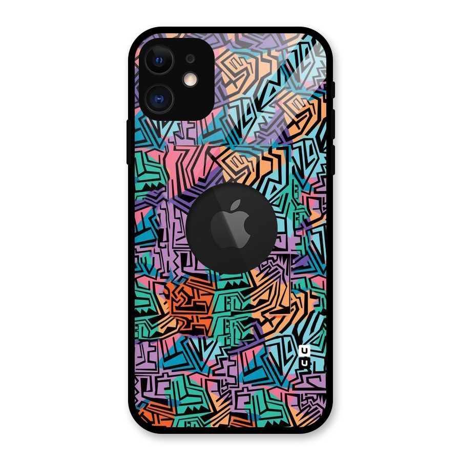 Abstract Lining Colors Glass Back Case for iPhone 11 Logo Cut