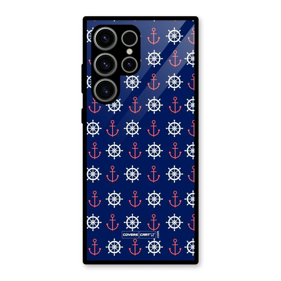 Anchor Pattern Blue Glass Back Case for Galaxy S23 Ultra