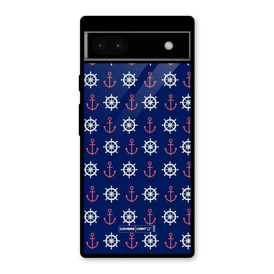 Anchor Pattern Blue Glass Back Case for Google Pixel 6a