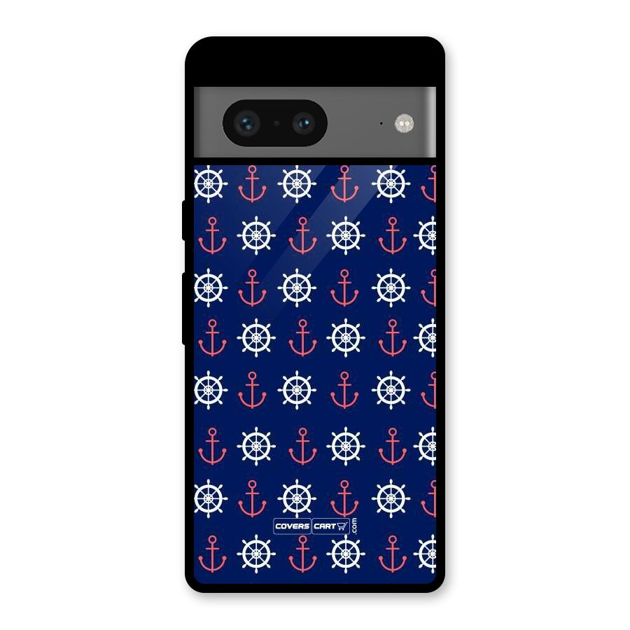 Anchor Pattern Blue Glass Back Case for Google Pixel 7
