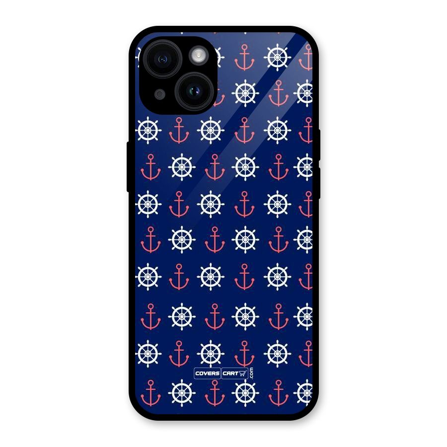 Anchor Pattern Blue Glass Back Case for iPhone 14