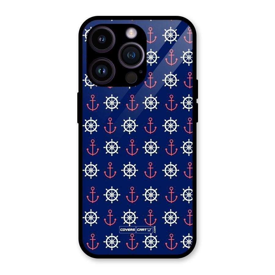 Anchor Pattern Blue Glass Back Case for iPhone 14 Pro