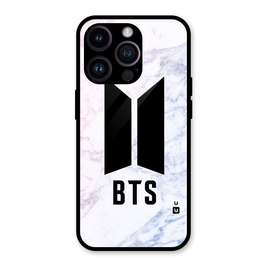 BTS Logo Marble Print Glass Back Case for iPhone 14 Pro