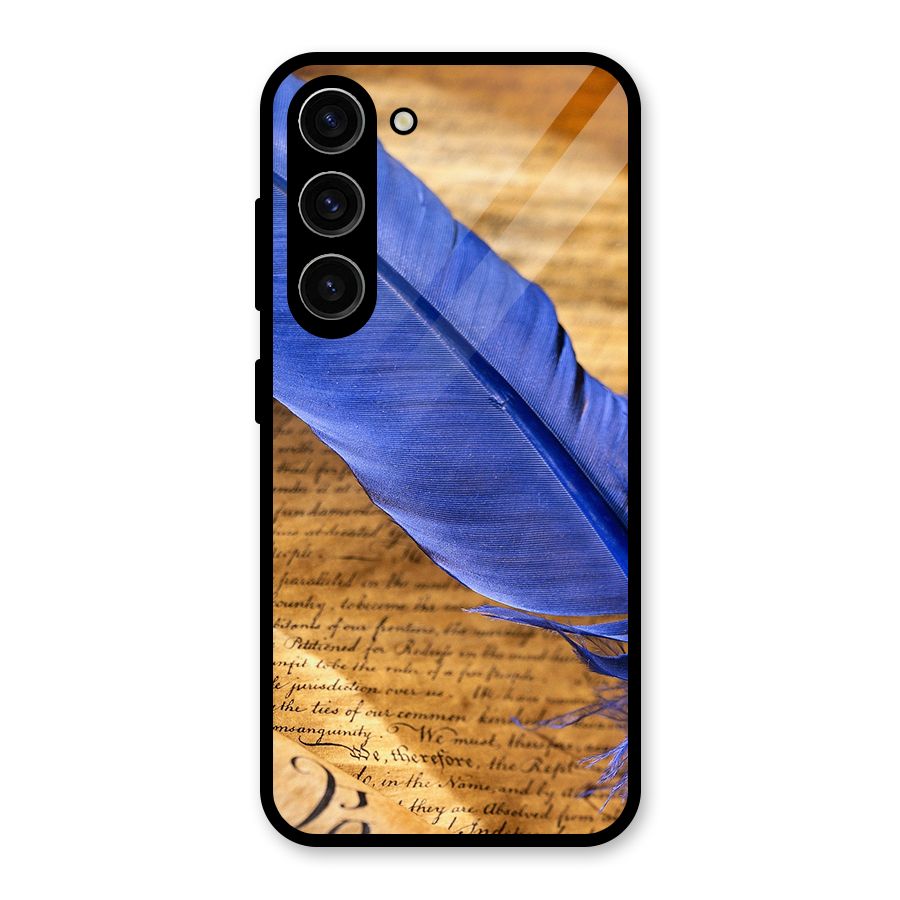 Beautiful Blue Feather Glass Back Case for Galaxy S23