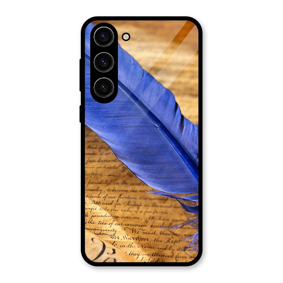 Beautiful Blue Feather Glass Back Case for Galaxy S23 Plus