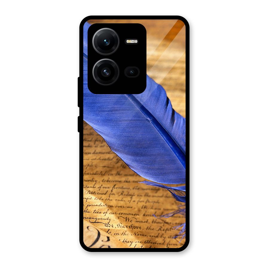 Beautiful Blue Feather Glass Back Case for Vivo V25
