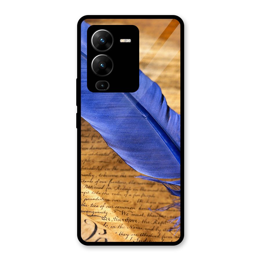 Beautiful Blue Feather Glass Back Case for Vivo V25 Pro