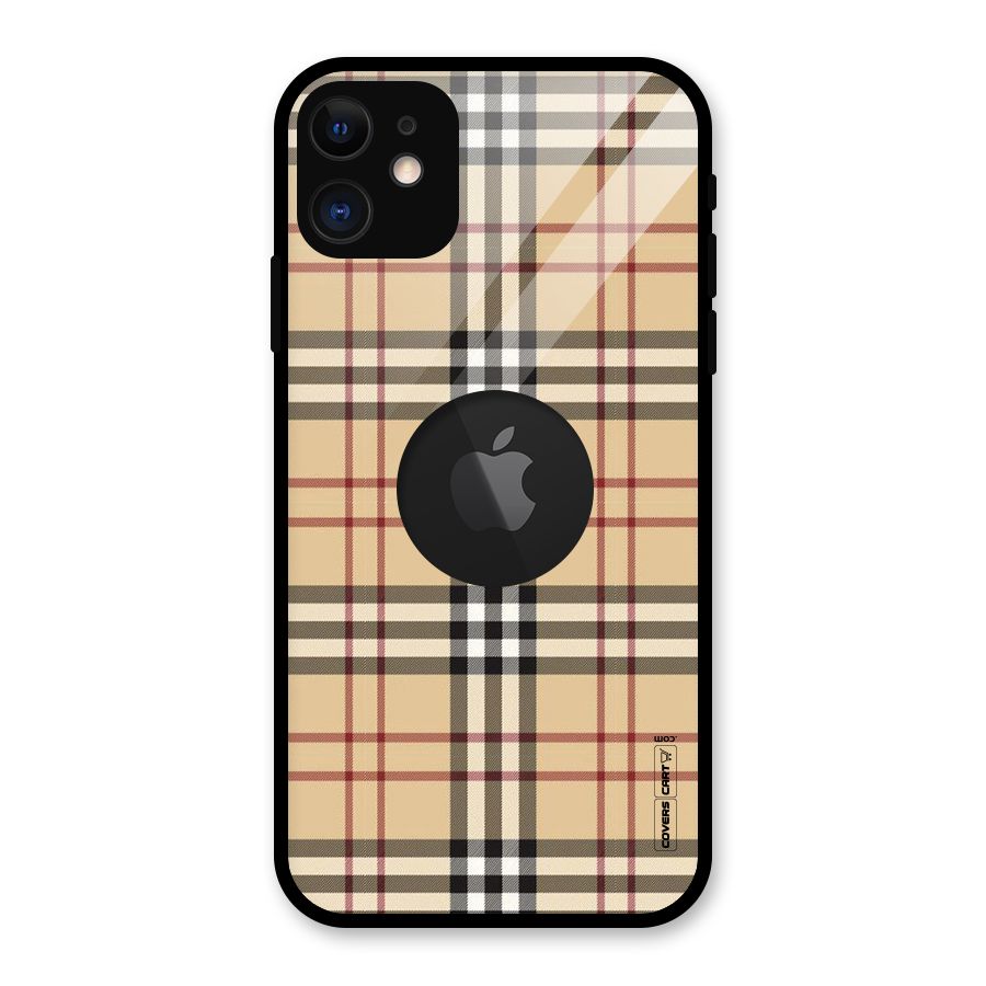Beige Check Glass Back Case for iPhone 11 Logo Cut