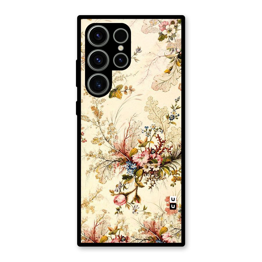 Beige Floral Glass Back Case for Galaxy S23 Ultra