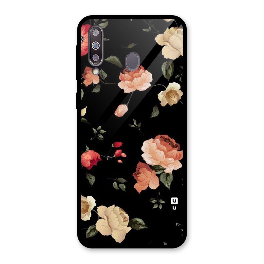 Black Artistic Floral Glass Back Case for Galaxy M30