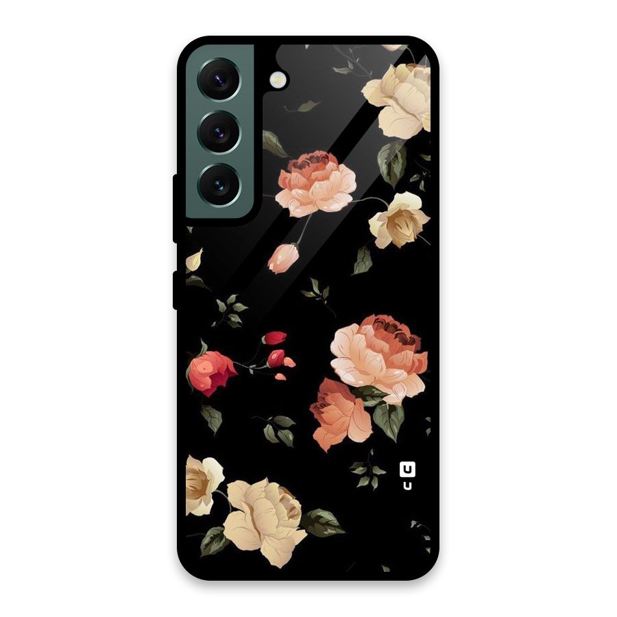 Black Artistic Floral Glass Back Case for Galaxy S22 5G