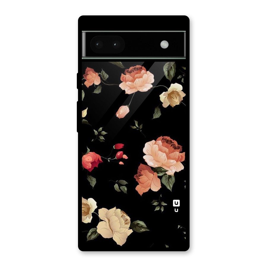 Black Artistic Floral Glass Back Case for Google Pixel 6a