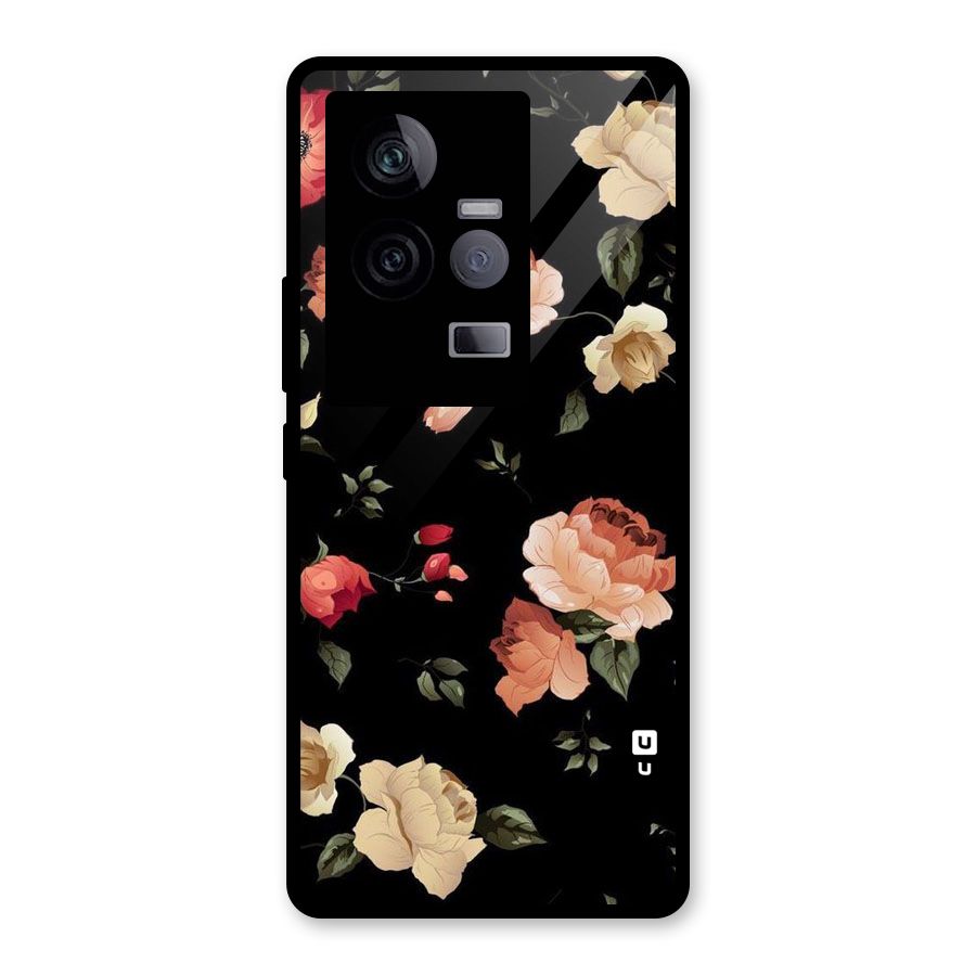 Black Artistic Floral Glass Back Case for Vivo iQOO 11 5G