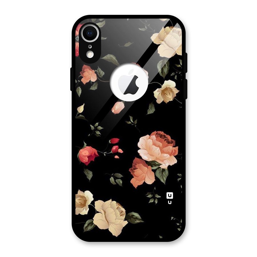 Black Artistic Floral Glass Back Case for iPhone XR Logo Cut