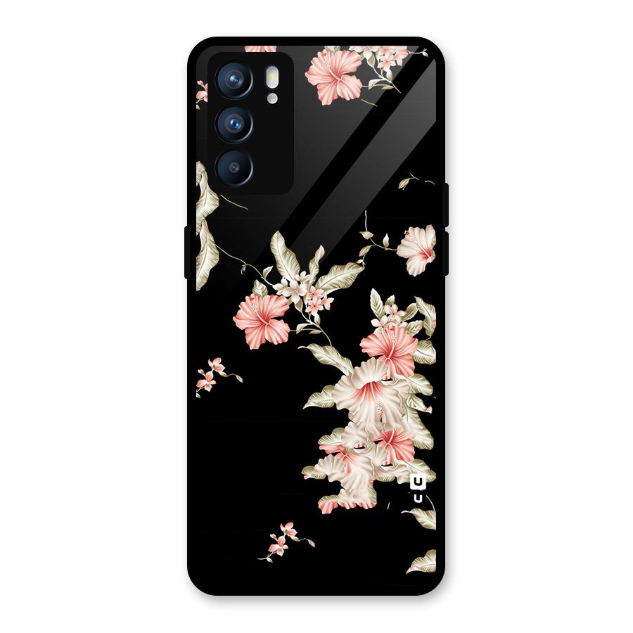 Black Floral Glass Back Case for Oppo Reno6 5G