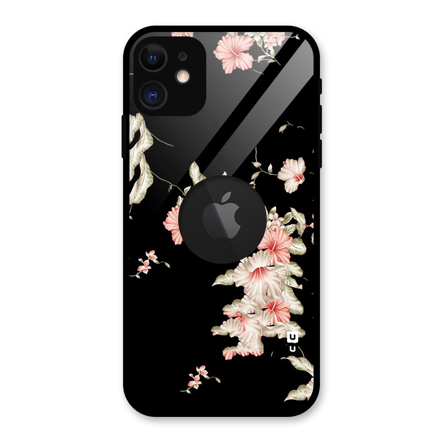 Black Floral Glass Back Case for iPhone 11 Logo Cut