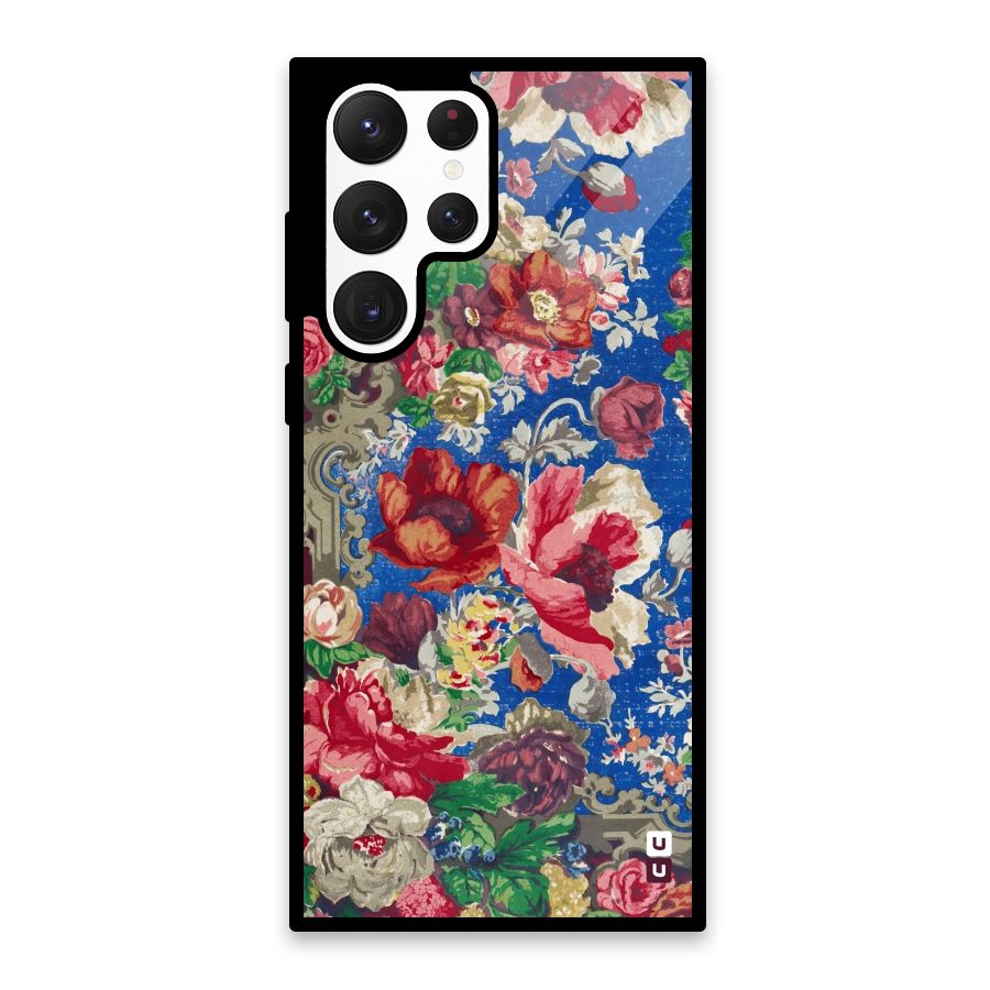 Block Printed Flowers Glass Back Case for Galaxy S22 Ultra 5G